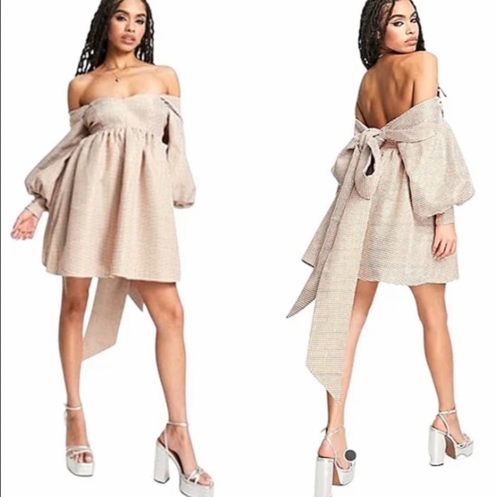 NWOT ASOS LUXE Bandeau Sweetheart Neck Mini Smock Houndstooth Baby Doll Dress